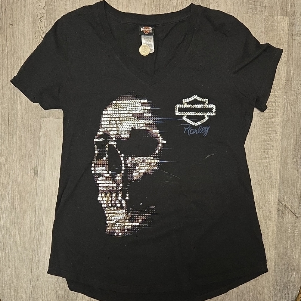 Harley-Davidson Black V-Neck Tee with Sequin Skull